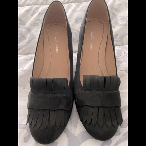 CL by Laundry office faux black suede with fringe block heel slip on in size 6 - Picture 1 of 6